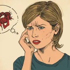 Donna pensierosa con un pensiero inquietante: un ragno rosso stilizzato, perché ho pensieri omicidi.