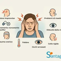 La donna si tiene la testa, con simboli che indicano dolore improvviso, problemi di vista, febbre e rigidità del collo. Mi sento la testa strana.