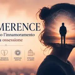 La silhouette di una donna con un uomo solitario al tramonto nella sua mente, simboleggia l'ossessione per una persona che non ti vuole.