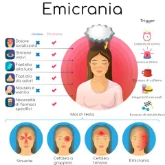 Illustrazione che confronta cefalea ed emicrania, evidenziando sintomi e trigger come il mal di testa da ansia.