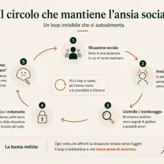 Il diagramma illustra il circolo vizioso dell'ansia sociale, dove la paura di stare in mezzo alla gente porta a evitamento e conferma di inadeguatezza.