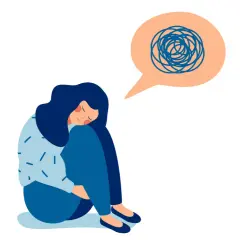 Ragazza accovacciata con pensieri confusi, simbolo di esami neurologici per depressione e ricerca di aiuto.