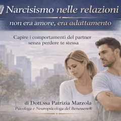Coppia con espressioni tese, suggerisce una **relazione con un narcisista**. Titolo: "Narcisismo nelle relazioni: non era amore, era adattamento".