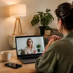 Donna in videochiamata con terapeuta, affronta la sua rejection sensitive dysphoria. Sul tavolo, tazza e smartphone.