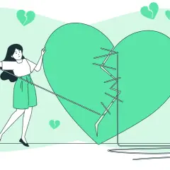 Una donna cuce un cuore spezzato, un simbolo di guarigione dopo relazioni difficili. Impara a riconoscere un narcisista per proteggerti.
