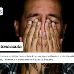 Uomo con le mani sul viso, coperto da un'ombra. Titolo: Psicosi transitoria acuta. Descrizione: disturbo mentale improvviso con illusioni e alterazione della lucidità.
