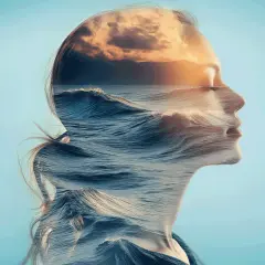 Onda di mare e cielo al tramonto si fondono nel profilo di una donna, un'immagine che evoca il sentimento di quando mi viene l'ansia senza motivo.