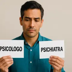 Uomo pensieroso con cartelli "Psicologo" e "Psichiatra", riflette sulla scelta per affrontare la depressione.