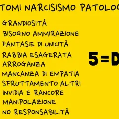 Sintomi del disturbo narcisistico di personalità: grandiosità, bisogno di ammirazione, arroganza, mancanza di empatia.
