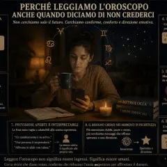 Donna con tazza e telefono, circondata da simboli zodiacali. Cerca conferme, conforto e direzione emotiva, segnali che una persona ti pensa intensamente.