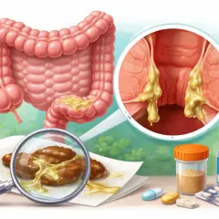 Illustrazione medica: intestino, feci con muco e sangue, e pillole. Potrebbe indicare ansia e problemi intestinali.