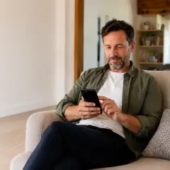 Uomo con ADHD adulto cerca informazioni su come gestire la sua condizione, navigando sul suo smartphone comodamente seduto sul divano.