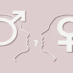 Profili stilizzati di uomo e donna si fronteggiano, un punto interrogativo tra loro. Simboli di genere e dubbi sull'identità, forse la paura di essere gay.
