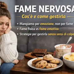 Donna pensierosa accanto a cibi tentatori. Immagine sul tema "Fame nervosa: cos'è e come gestirla".