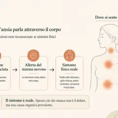 Schema che illustra come le emozioni non riconosciute causano allerta nervosa e sintomi fisici reali, come il disturbo di somatizzazione.