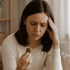 Donna con la mano sulla tempia, guarda un cioccolatino. Non ho fame ma mangio lo stesso, forse per conforto.
