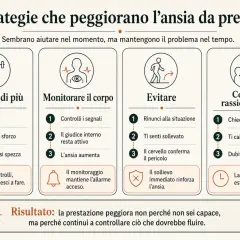 Strategie che peggiorano l'ansia da prestazione sessuale uomo: sforzarsi, monitorare, evitare, cercare rassicurazioni. Il risultato è un peggioramento.