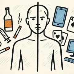 Uomo diviso, da un lato dipendenze da sostanze (alcol, sigarette, siringa), dall'altro dipendenze digitali (smartphone, gioco d'azzardo, computer).