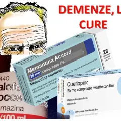 Volto anziano, scatole di farmaci per demenza: Memantina Accord, Quetiapinc e flacone di Talofen gocce.