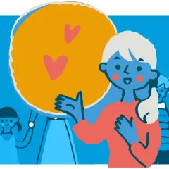 Un gruppo di persone sorridenti, con un grande cerchio giallo e cuori al centro, simboleggia il percorso per uscire dalla depressione con il supporto della comunità.