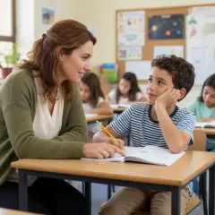 Insegnante supporta un bambino di 10 anni con ansia, spiegando un esercizio. Altri alunni lavorano ai loro banchi.