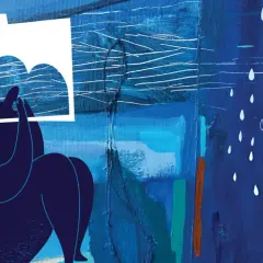 Figura blu rannicchiata, copre il volto con una nuvola bianca, simbolo di attacchi di ansia. Pioggia bianca cade su uno sfondo blu astratto.