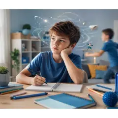 Bambino con ADHD e autismo lotta con i compiti, la mente piena di pensieri vorticosi e distrazioni. Un altro bambino corre sullo sfondo.