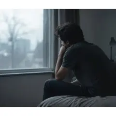Uomo seduto sul letto, pensieroso, guarda fuori dalla finestra. Potrebbe essere un sintomo di depressione.