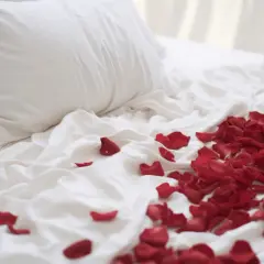 Letti bianchi con petali di rosa rossi sparsi, un invito a un momento di passione, perché dopo il ciclo si ha più voglia.