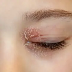 Occhi con palpebre arrossate e squamose, sintomo di blefarite da stress.
