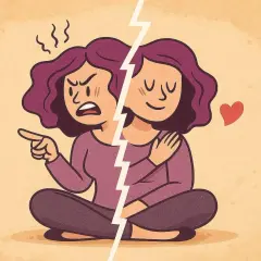 Una persona divisa: da un lato arrabbiata e puntata, dall'altro serena e abbracciata. A volte, il dialogo interiore, il parlare da soli, mostra queste due facce.