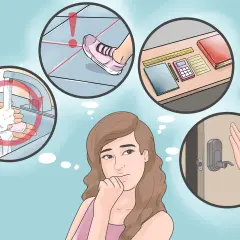 Pensieri di una persona con disturbo ossessivo compulsivo di personalità: lavarsi le mani, evitare linee sul pavimento, controllare la porta, organizzare oggetti.