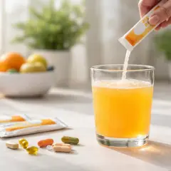 Un integratore in polvere viene versato in un bicchiere di succo arancione, con pillole e bustine sparse. Un modo per aumentare la dopamina.