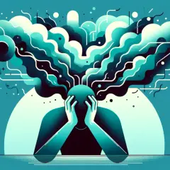 Una persona con le mani sulla testa, circondata da un vortice di pensieri turbolenti. Un'immagine che suggerisce come calmare l'ansia.