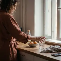 Donna in vestaglia prende un bicchiere d'acqua, con mele in una ciotola e un telefono sul bancone. I suoi sbalzi di umore sembrano riflettersi nella luce soffusa.