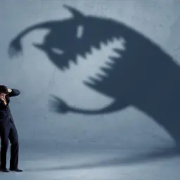 Un uomo in giacca e cravatta si copre le orecchie mentre un'ombra mostruosa si proietta sul muro, simboleggiando il coraggio di cambiare lavoro e affrontare le proprie paure.
