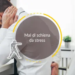 Uomo con mal di schiena da stress, che si tiene il collo. Il testo indica "Mal di schiena da stress".