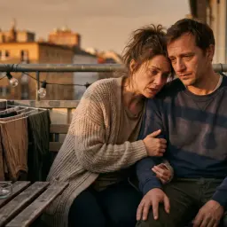 Coppia sul balcone al tramonto, lei appoggiata a lui, un'espressione di insicurezza e bisogno di conferme nei loro volti.