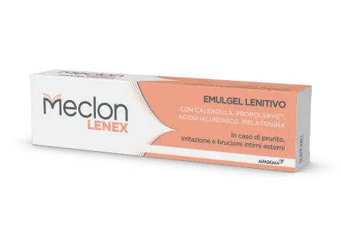 Meclon Lenex Emulgel Lenitivo, per prurito, irritazione e bruciore intimo da stress. Con calendula, propolsave, acido ialuronico e melatonina.