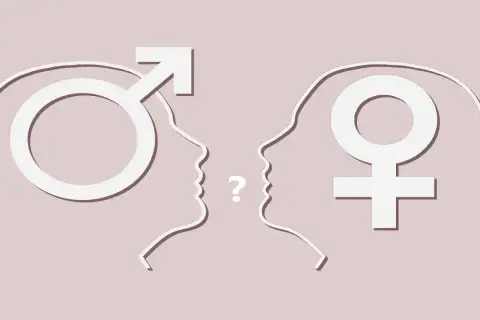 Profili stilizzati di uomo e donna si fronteggiano, un punto interrogativo tra loro. Simboli di genere e dubbi sull'identità, forse la paura di essere gay.