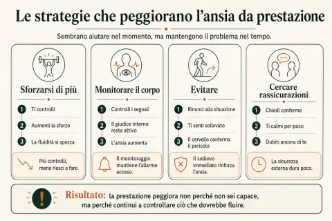 Strategie che peggiorano l'ansia da prestazione sessuale uomo: sforzarsi, monitorare, evitare, cercare rassicurazioni. Il risultato è un peggioramento.