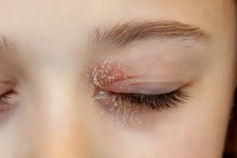 Occhi con palpebre arrossate e squamose, sintomo di blefarite da stress.