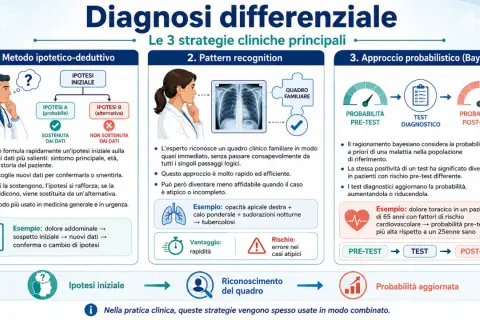 Le 3 strategie per la diagnosi differenziale: ipotetico-deduttiva, pattern recognition e bayesiana. Ogni metodo ha un significato specifico nel processo diagnostico.