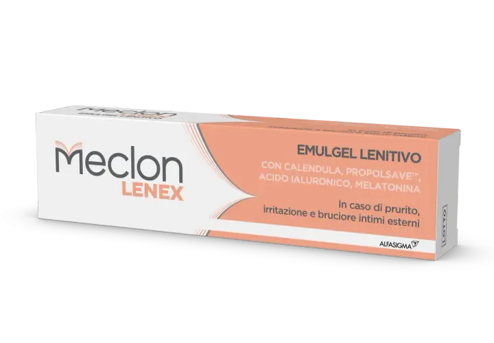 Meclon Lenex Emulgel Lenitivo, per prurito, irritazione e bruciore intimo da stress. Con calendula, propolsave, acido ialuronico e melatonina.