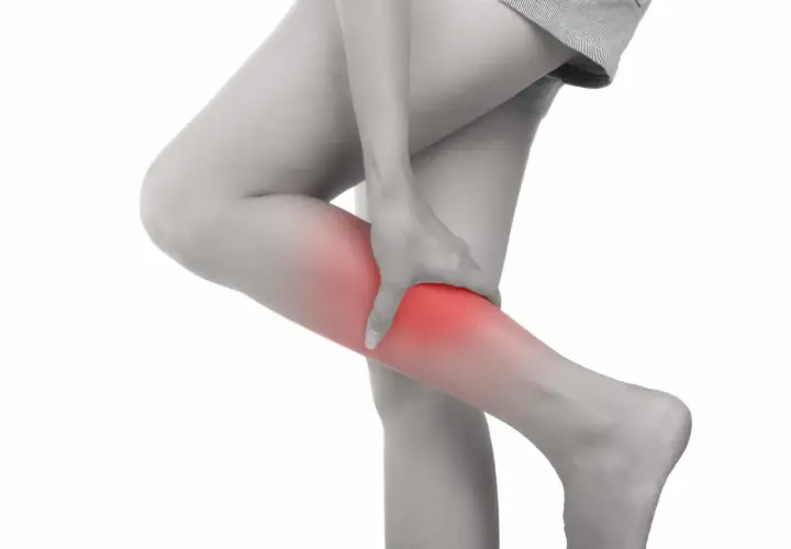 Donna che si tiene la gamba, evidenziata in rosso, a causa di dolori alle gambe da stress.