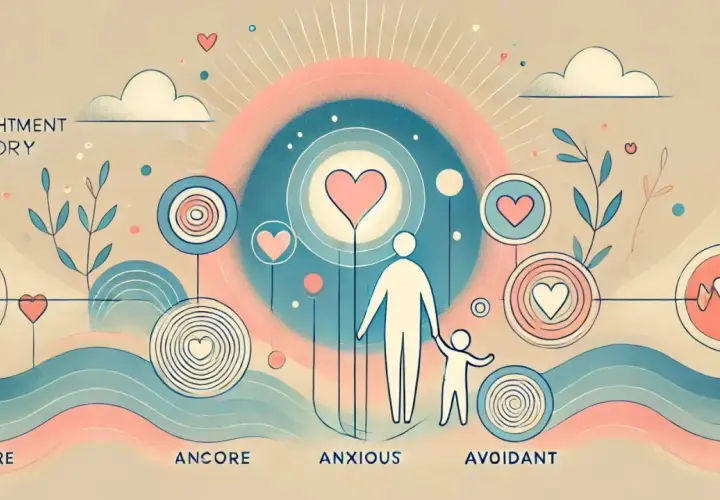 Teoria dell'attaccamento: un adulto e un bambino, con cuori stilizzati e cerchi concentrici, rappresentano stili come "secure", "ancore", "anxious" e "avoidant", illustrando l'attaccamento evitante.
