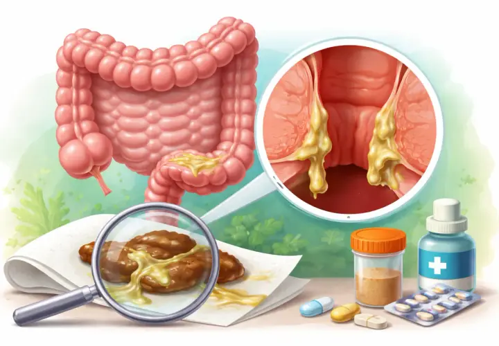 Illustrazione medica: intestino, feci con muco e sangue, e pillole. Potrebbe indicare ansia e problemi intestinali.