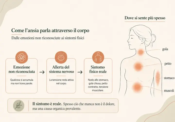 L'ansia somatizzata allo stomaco si manifesta con nodo, gola chiusa, petto contratto. Il sintomo è reale, ma la causa è spesso emotiva.