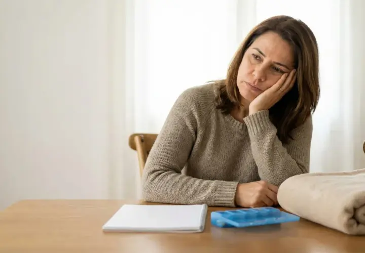 Donna con espressione stanca, appoggiata al tavolo, sembra avere sempre sonno. Sul tavolo ci sono un quaderno, un contenitore per il ghiaccio e una coperta piegata.