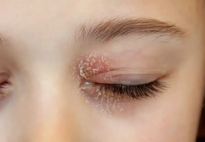 Occhi con palpebre arrossate e squamose, sintomo di blefarite da stress.